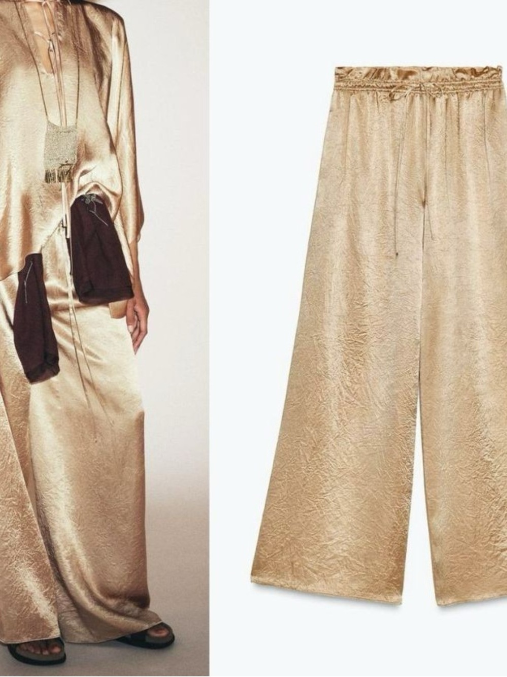 Zara ZW Collection Gold Satin Wide Leg Pants Metallic High Rise Drawstring M NWT - Picture 3 of 17